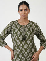 Graceful mehendi green silk kurti set with intricate cutwork