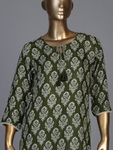 Graceful mehendi green silk kurti set with intricate cutwork