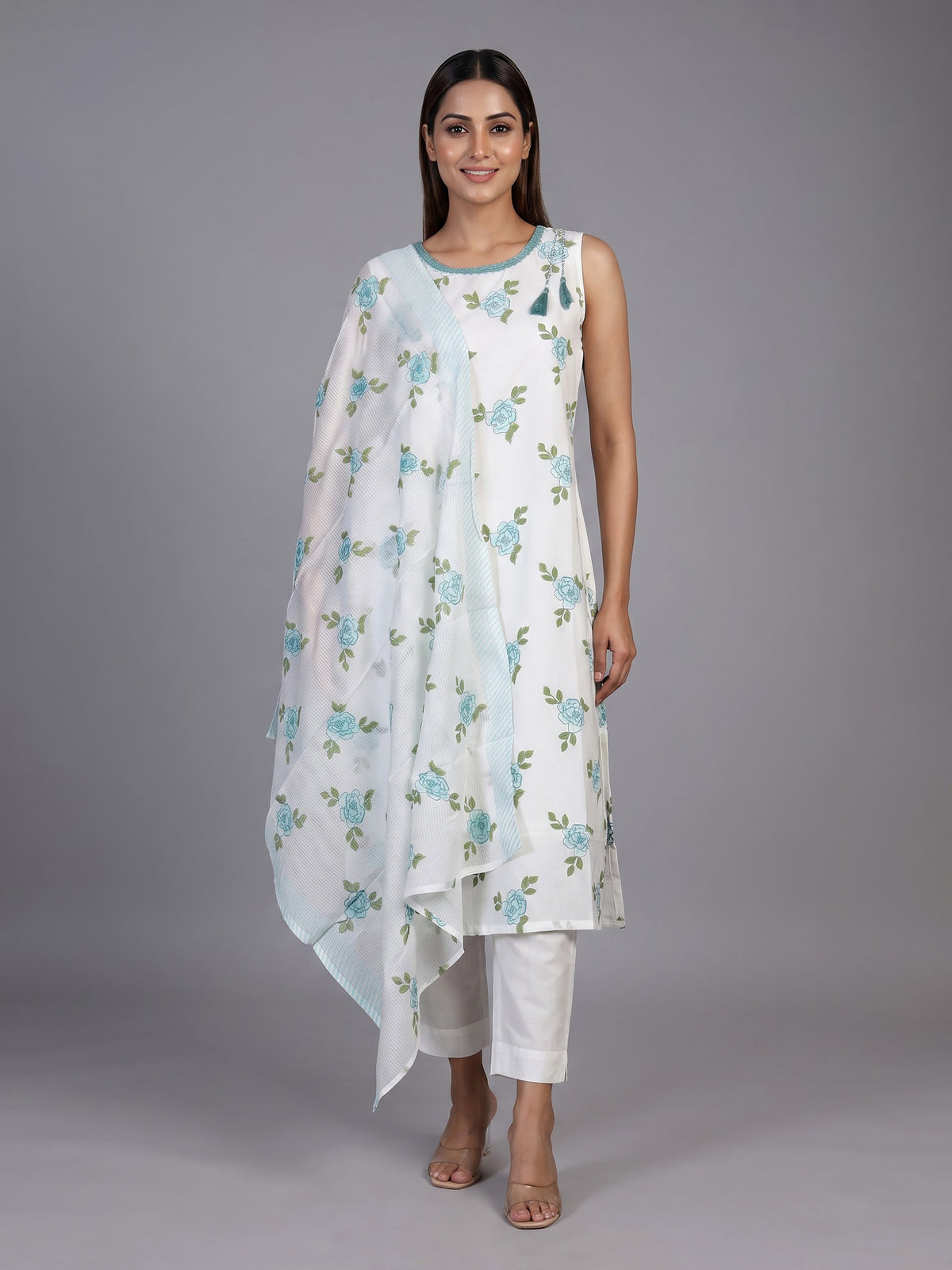 White cotton silk kurti set with elegant blue floral print