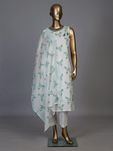 White cotton silk kurti set with elegant blue floral print