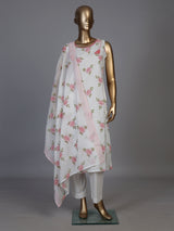 White cotton silk kurti set with pretty pink floral print