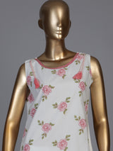 White cotton silk kurti set with pretty pink floral print