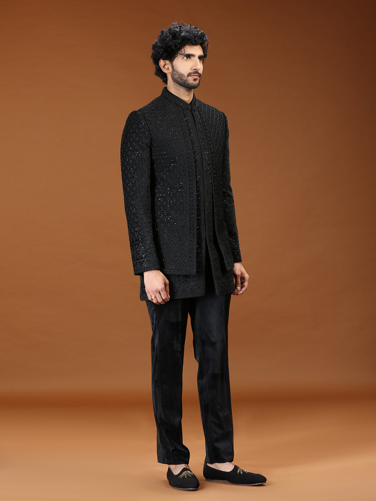 Black geometric chevron velvet mens indo western