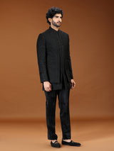 Black geometric chevron velvet mens indo western