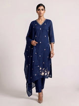 Navy blue cotton blend kurti set with floral embroidery