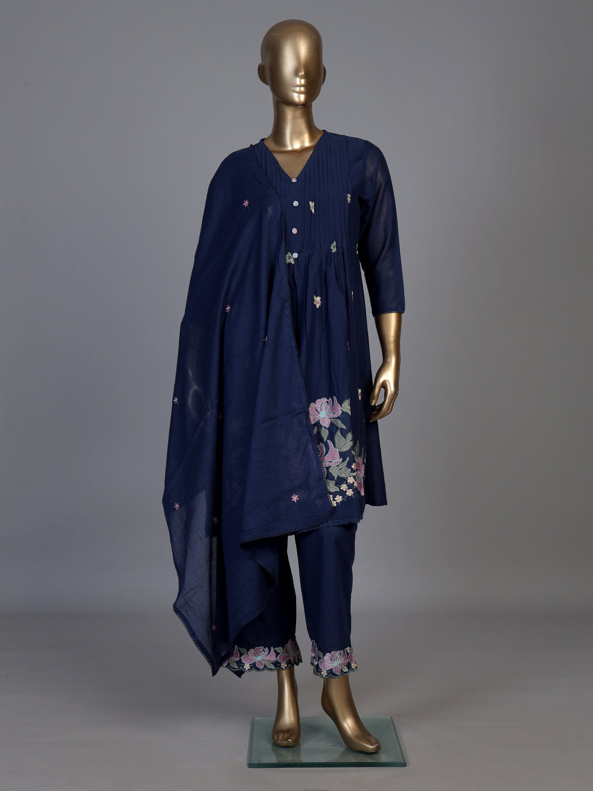 Elegant blue cotton blend kurti set with floral embroidery