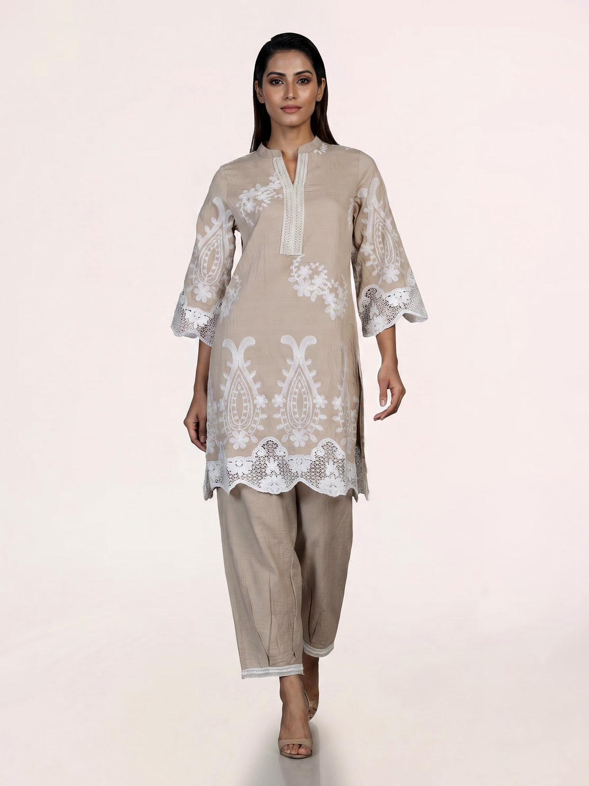 Elegant beige cotton blend kurti set with delicate festive embellishments