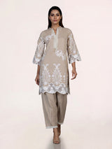Elegant beige cotton blend kurti set with delicate festive embellishments