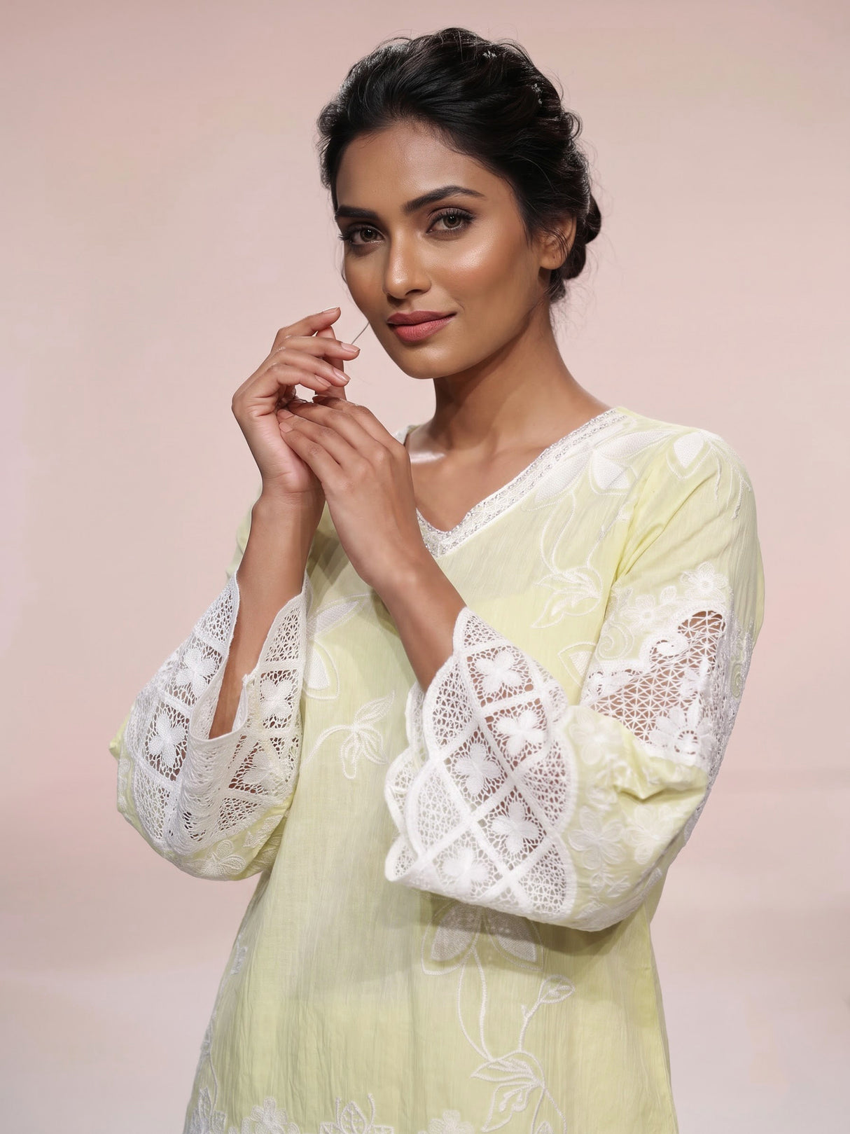 Radiant yellow cotton blend kurti set with pearls and cutwork
