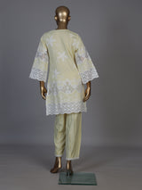 Radiant yellow cotton blend kurti set with pearls and cutwork