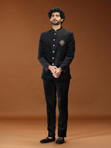 Black velvet royal animal crest mens Jodhpuri suit