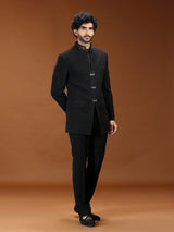 Black velvet silver clasp embellished mens Jodhpuri suit