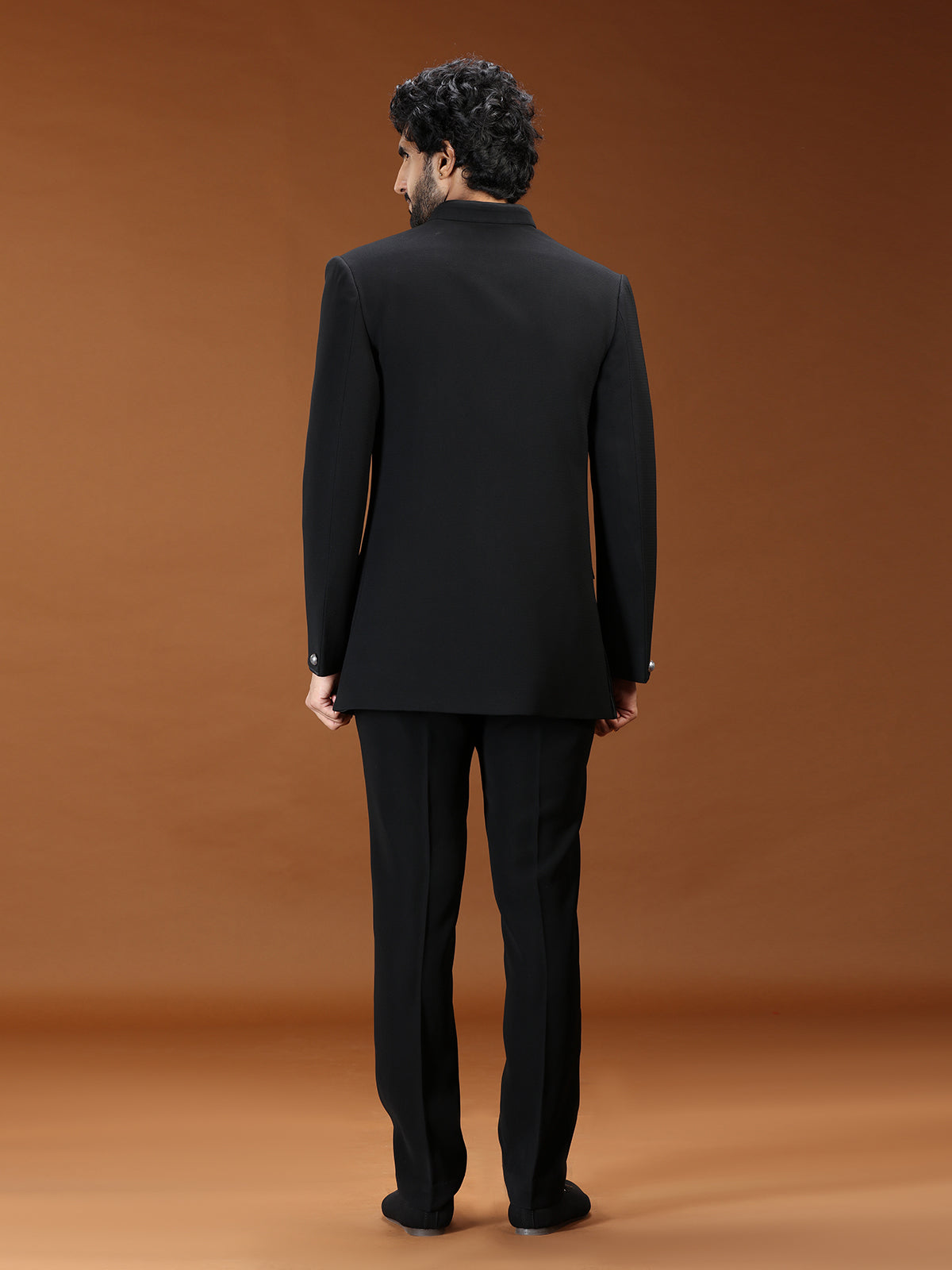Black velvet silver clasp embellished mens Jodhpuri suit