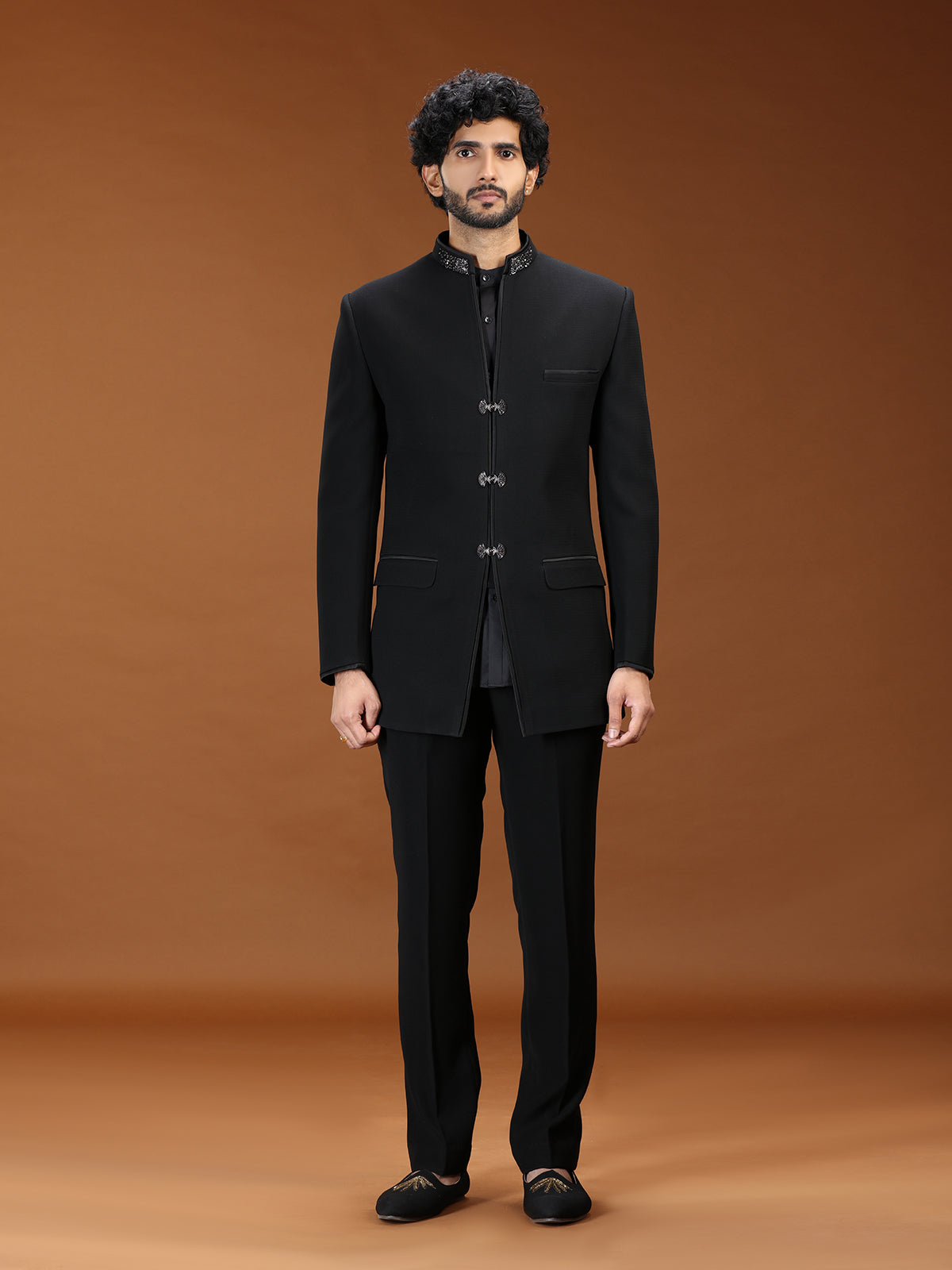 Black velvet silver clasp embellished mens Jodhpuri suit