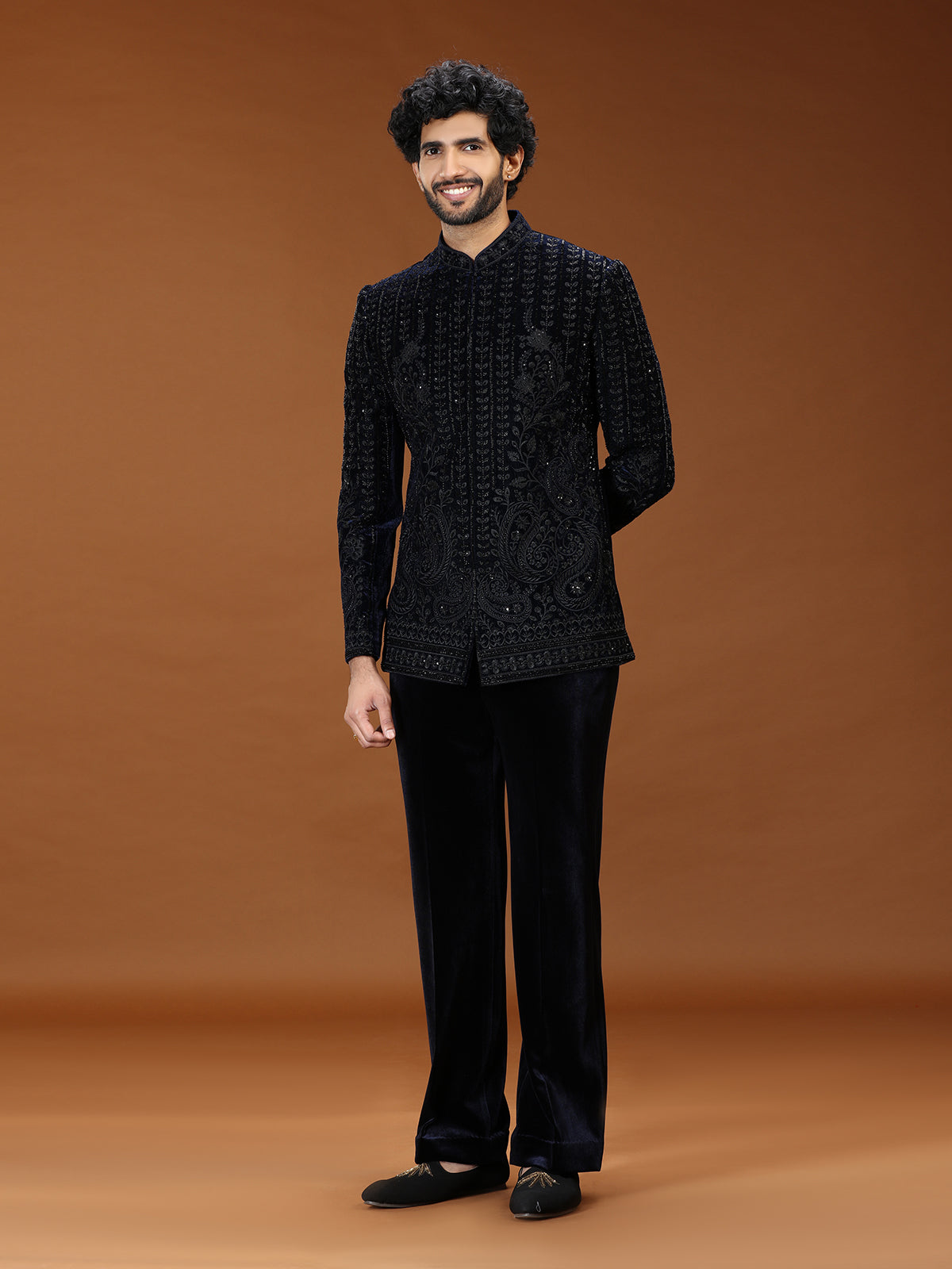 Elegant navy blue floral jodhpuri suit for mens