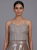 Sophisticated beige shimmer tissue silk lehenga choli with tassel accents