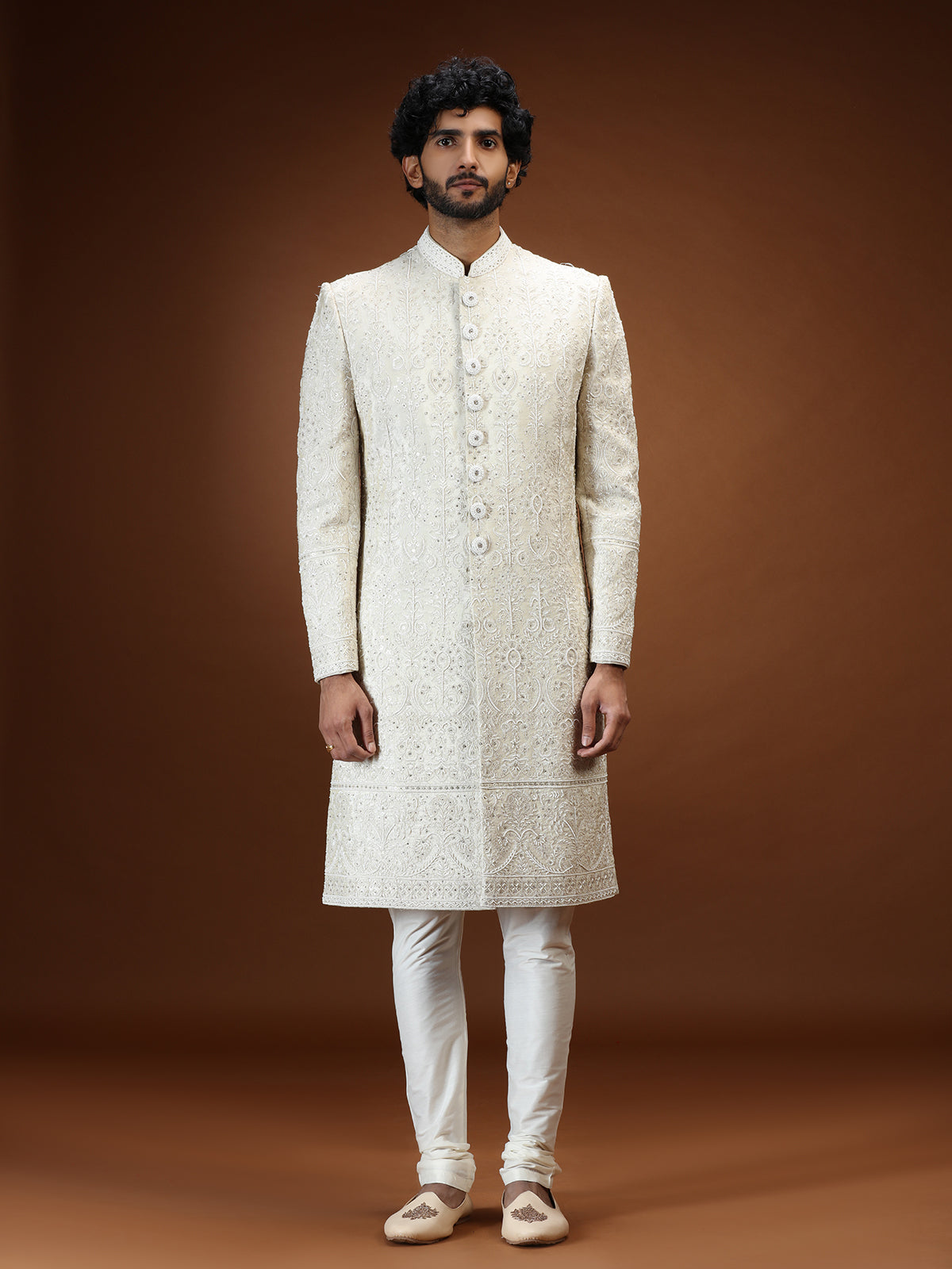 Cream tissue chikankari embroidered mens sherwani