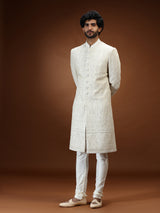 Cream tissue chikankari embroidered mens sherwani
