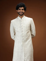 Cream tissue chikankari embroidered mens sherwani