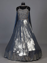 Mesmerizing stone blue shimmer tissue silk lehenga choli ensemble