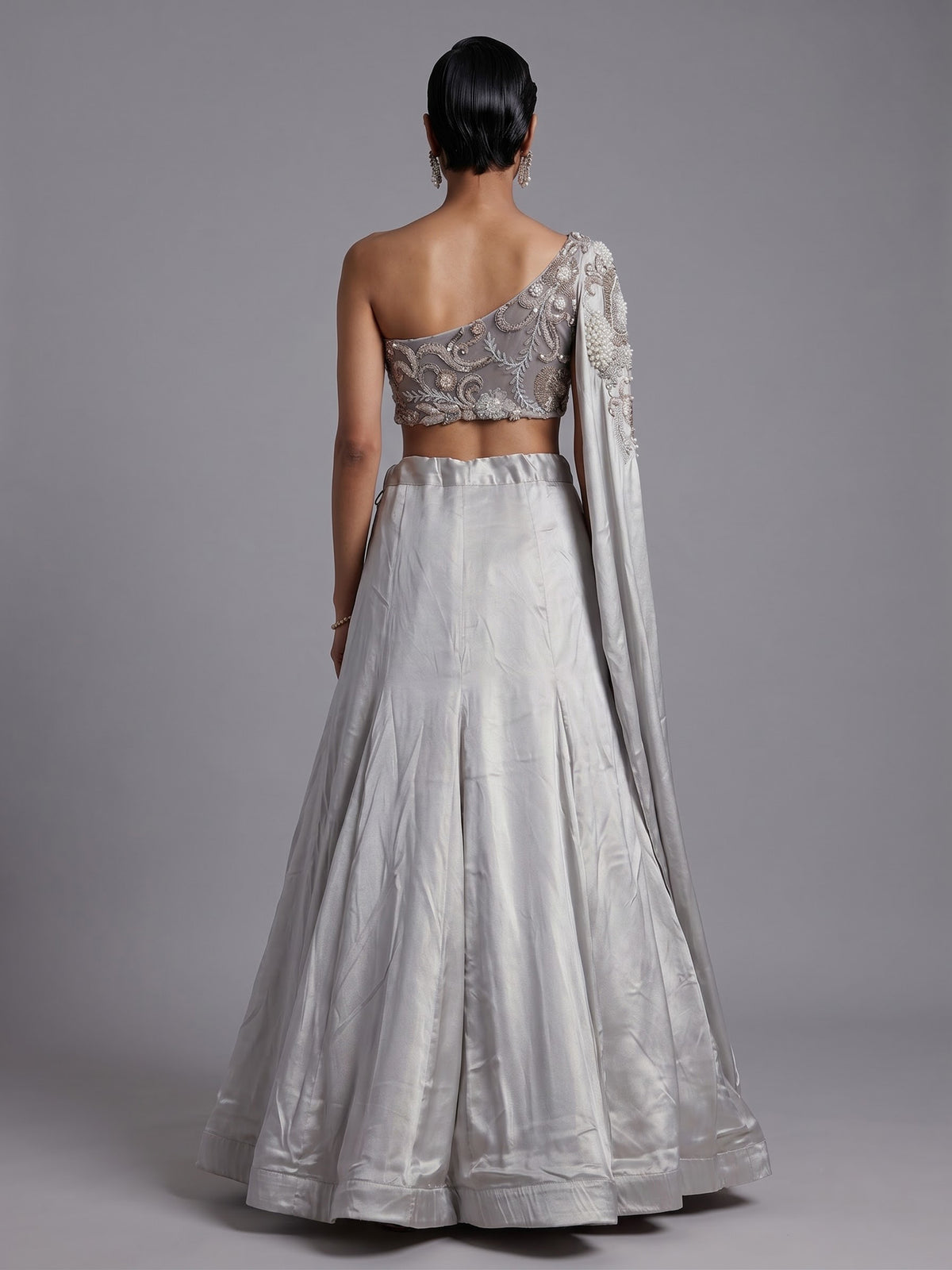 Elegant light grey satin silk lehenga choli with sparkling accents