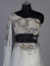Elegant light grey satin silk lehenga choli with sparkling accents
