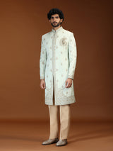 Mint green silk mens sherwani with imperial paisley motifs