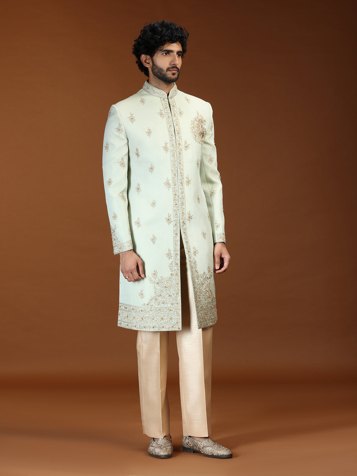 Mint green silk mens sherwani with imperial paisley motifs