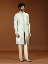 Mint green silk mens sherwani with imperial paisley motifs