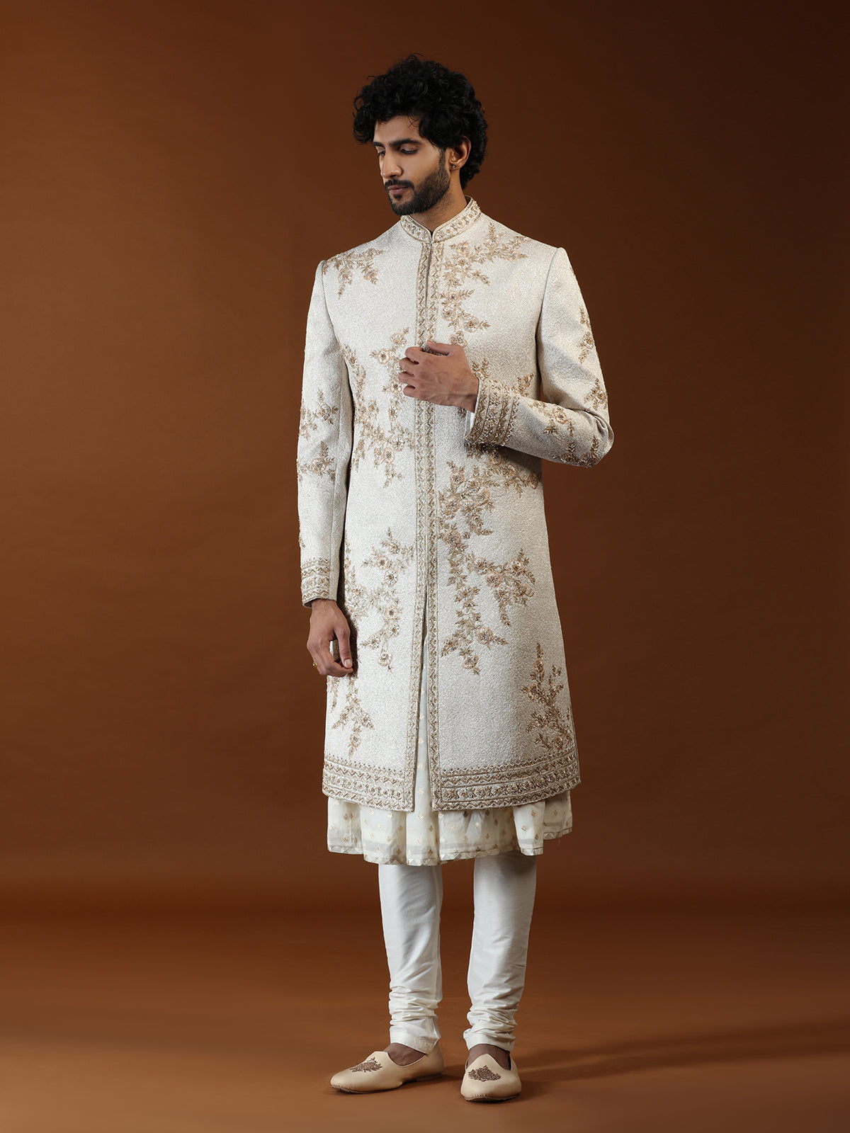 Cream silk mens sherwani with botanical embroidery