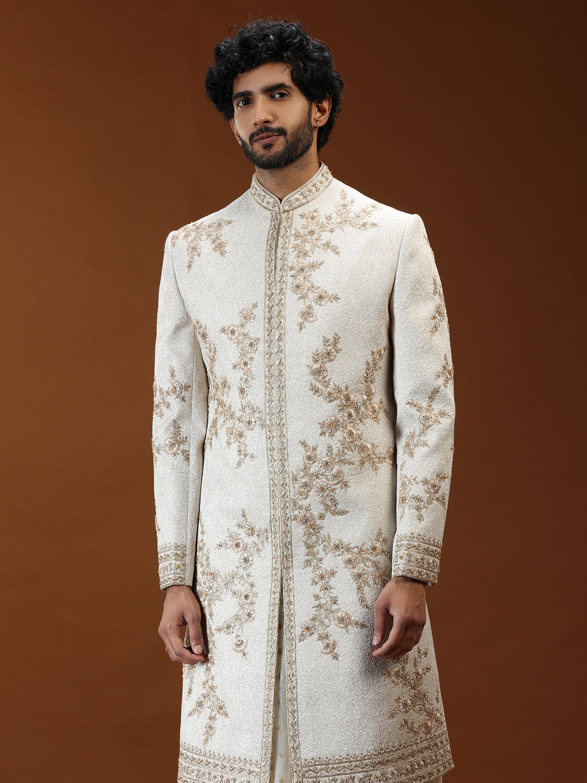 Cream silk mens sherwani with botanical embroidery