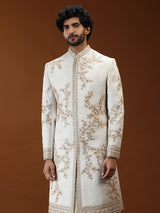 Cream silk mens sherwani with botanical embroidery