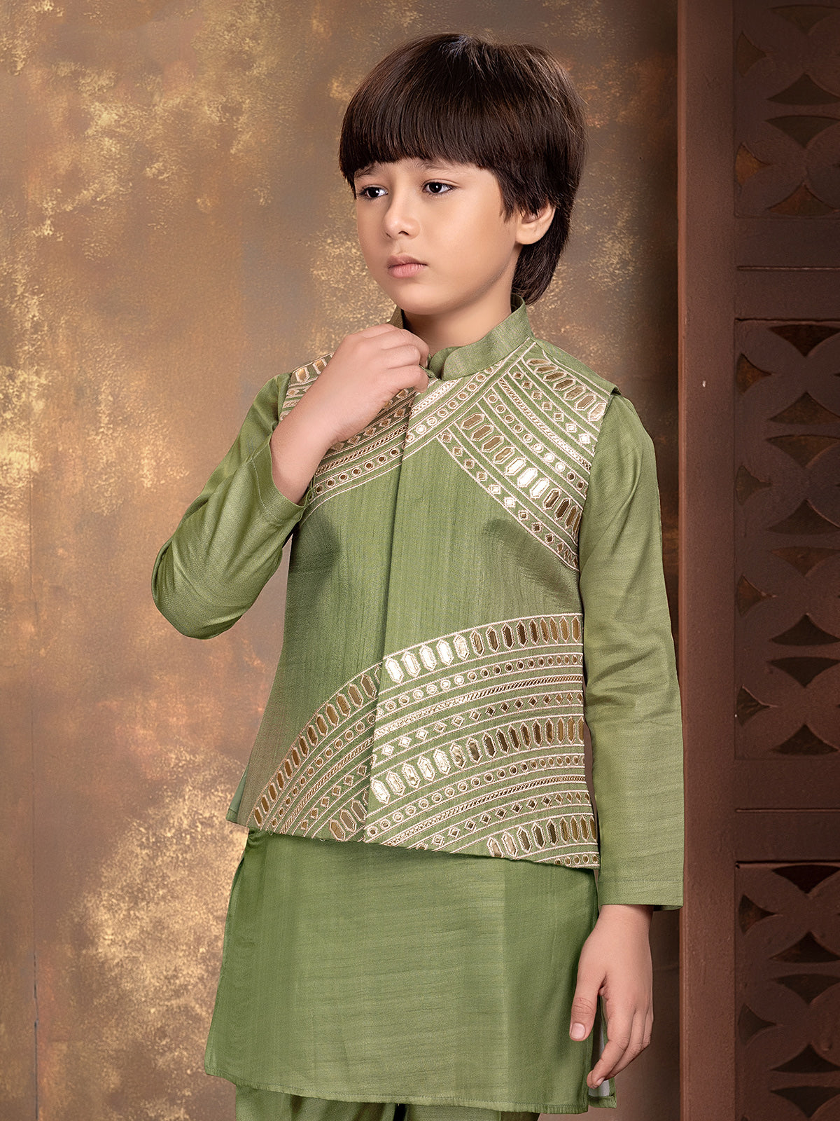 Green mirror work boys waistcoat set