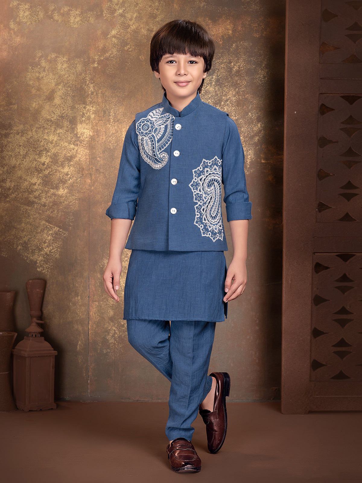 Stone blue paisley boys waistcoat set
