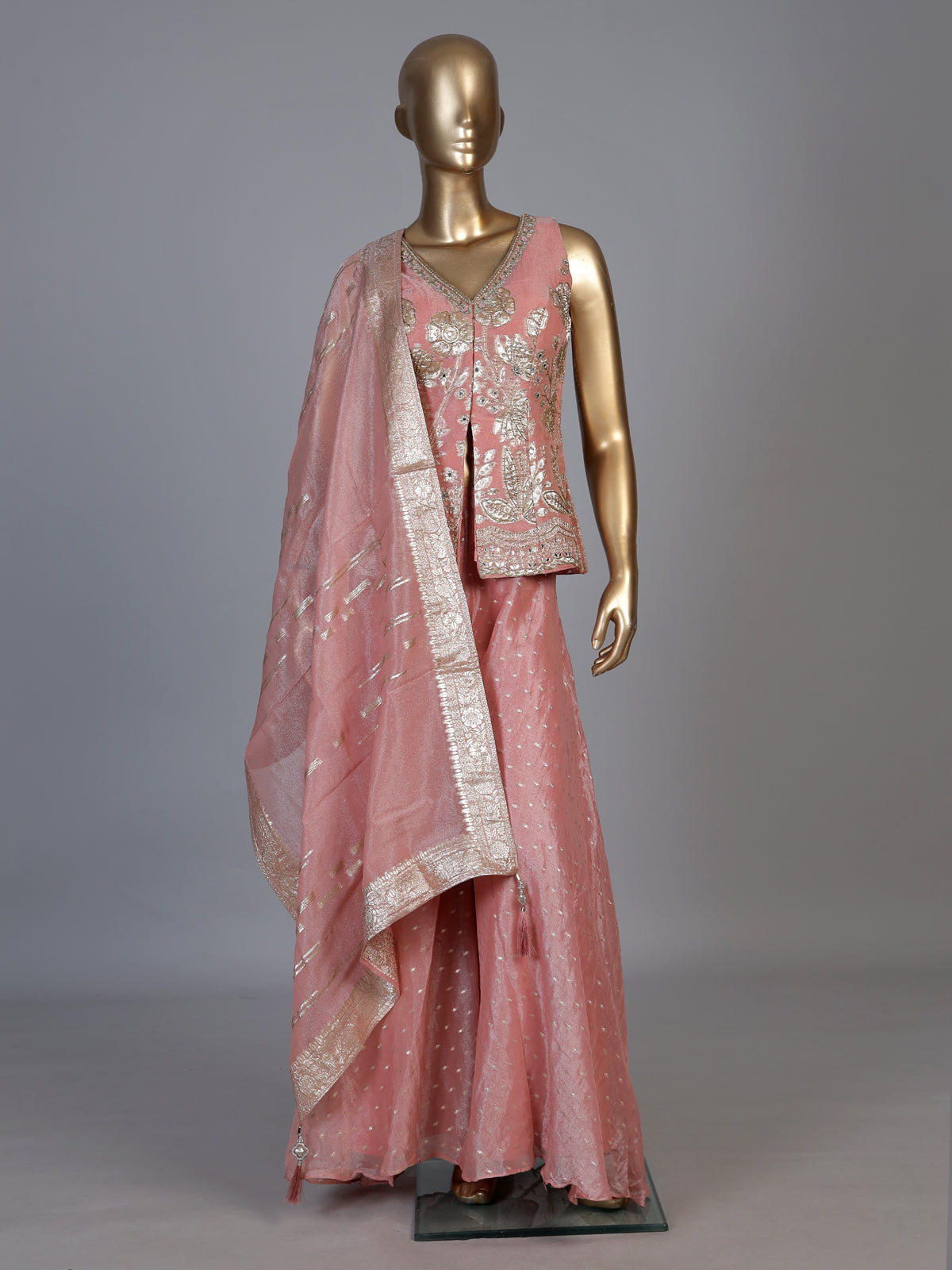 peach shimmer georgette silk palazzo suit with embellishments