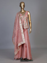 peach shimmer georgette silk palazzo suit with embellishments