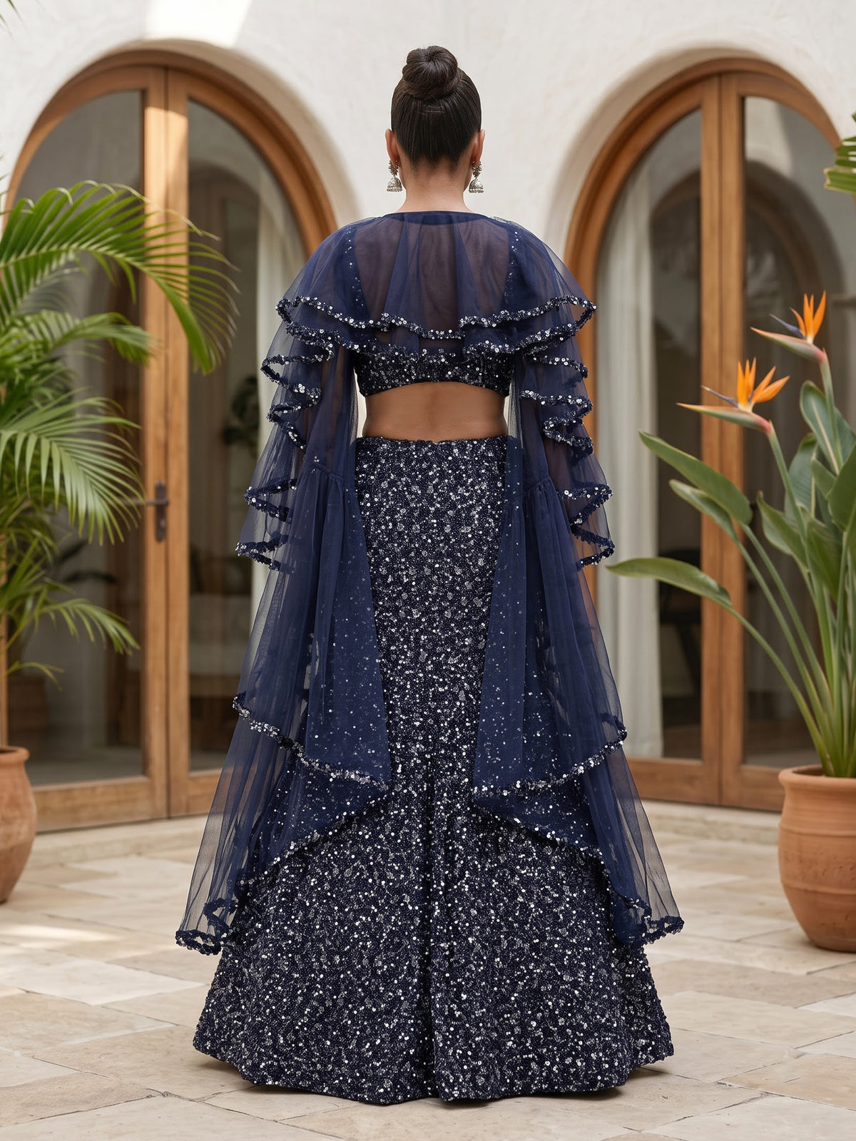 Navy blue dramatic ruffle women lehenga choli