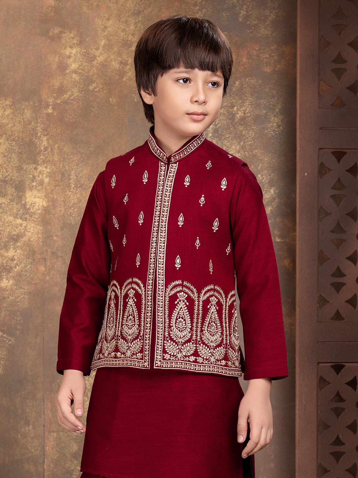 Maroon mughal paisley boys waistcoat set