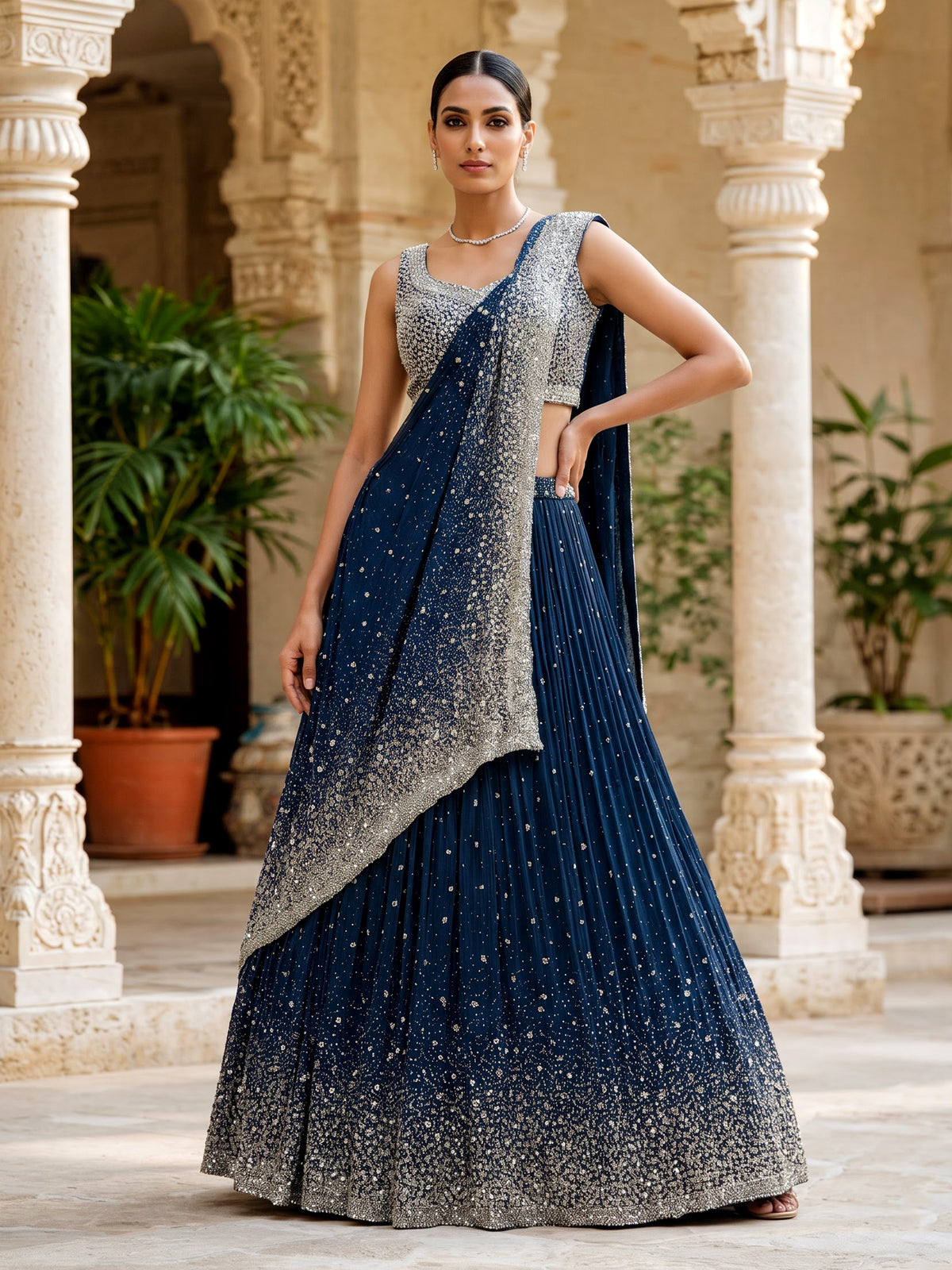 Teal blue crystal drape women lehenga choli