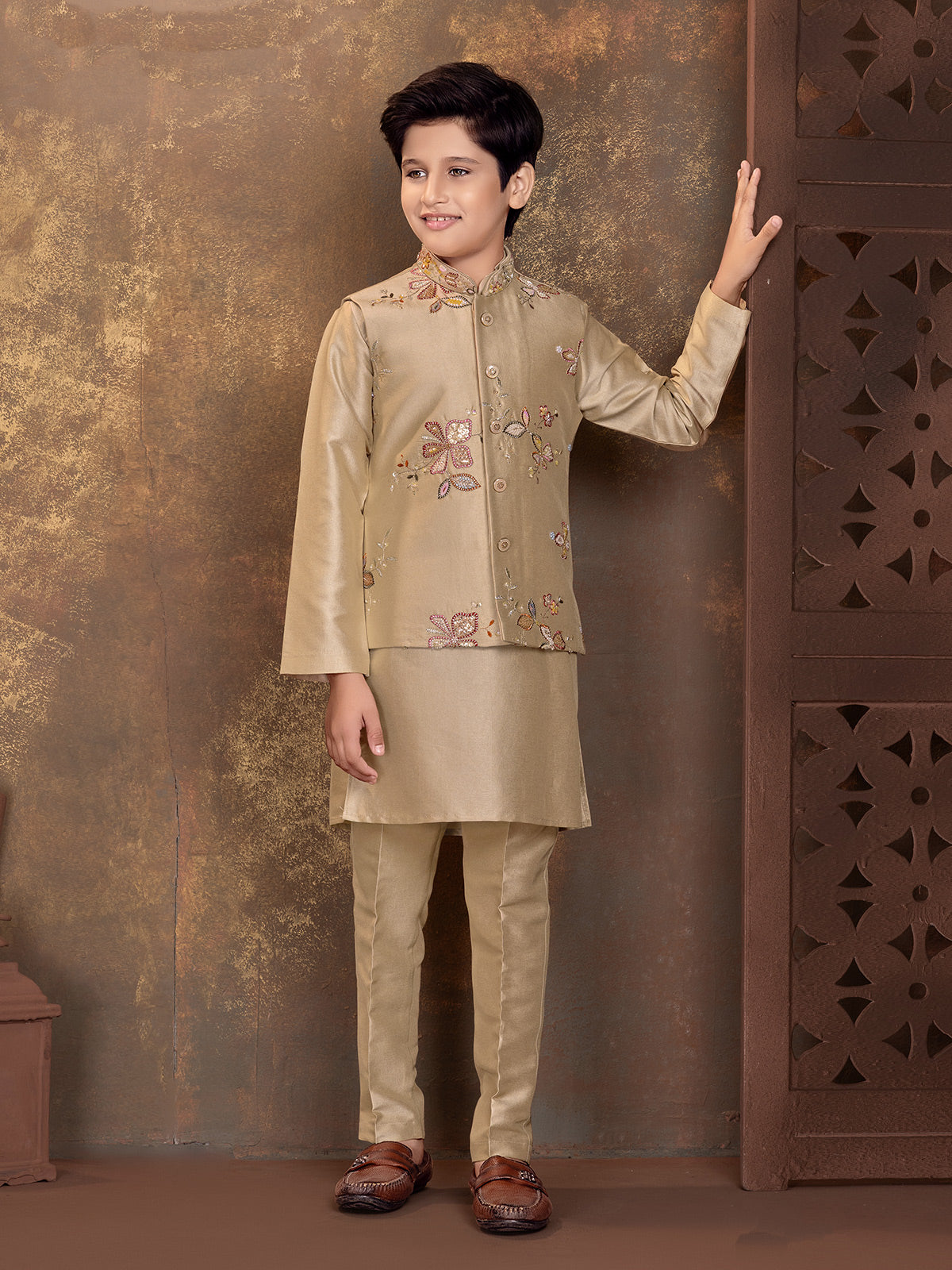 Dark beige floral boys waistcoat set