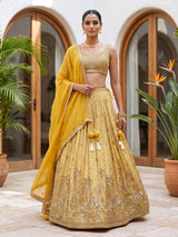 Mustard yellow heritage cartouche women lehenga choli