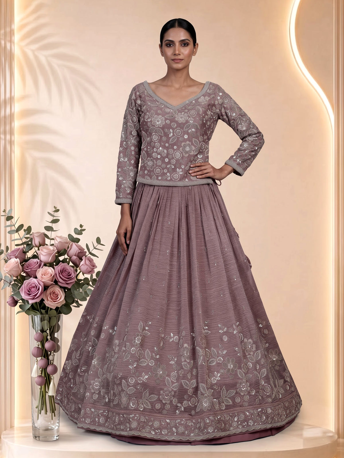 Onion pink pearl tassel women lehenga choli