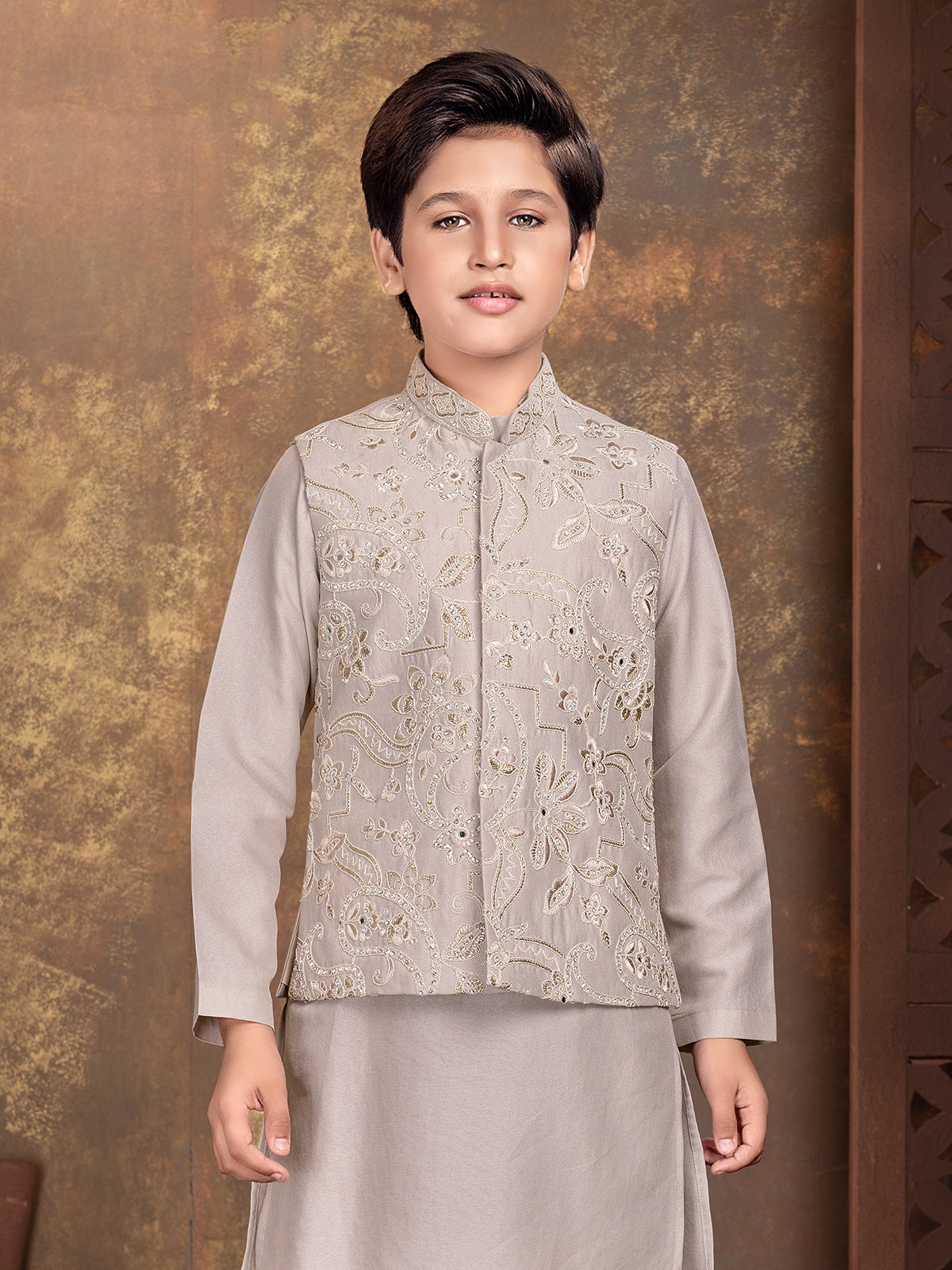 Grey floral relief boys waistcoat set