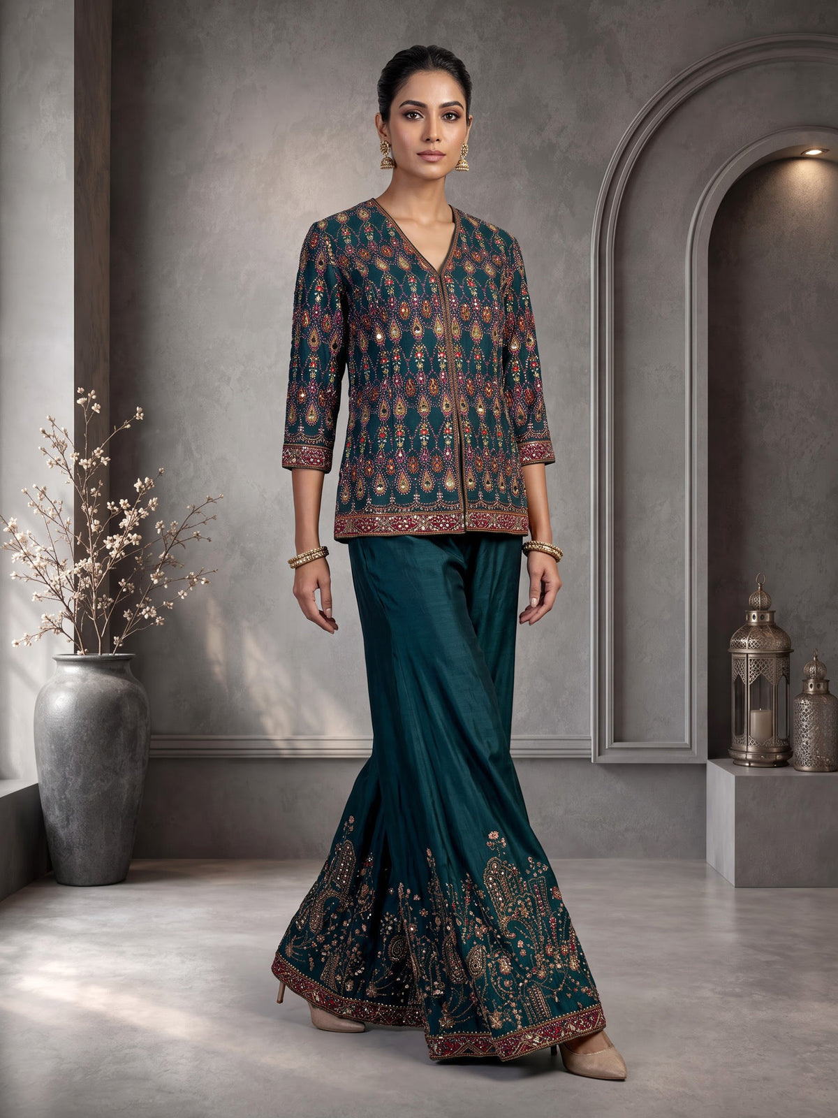 Green aabla embellished sharara suit