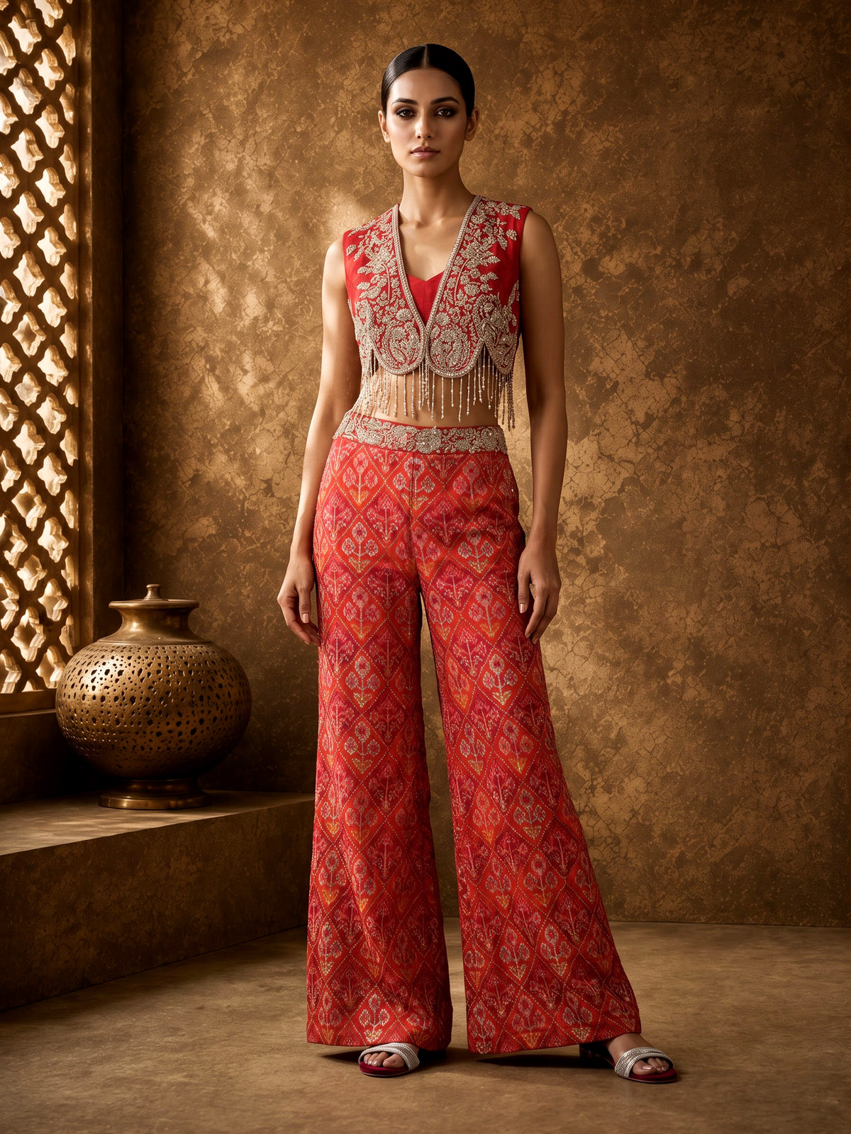 Orange crystal fringe sharara suit