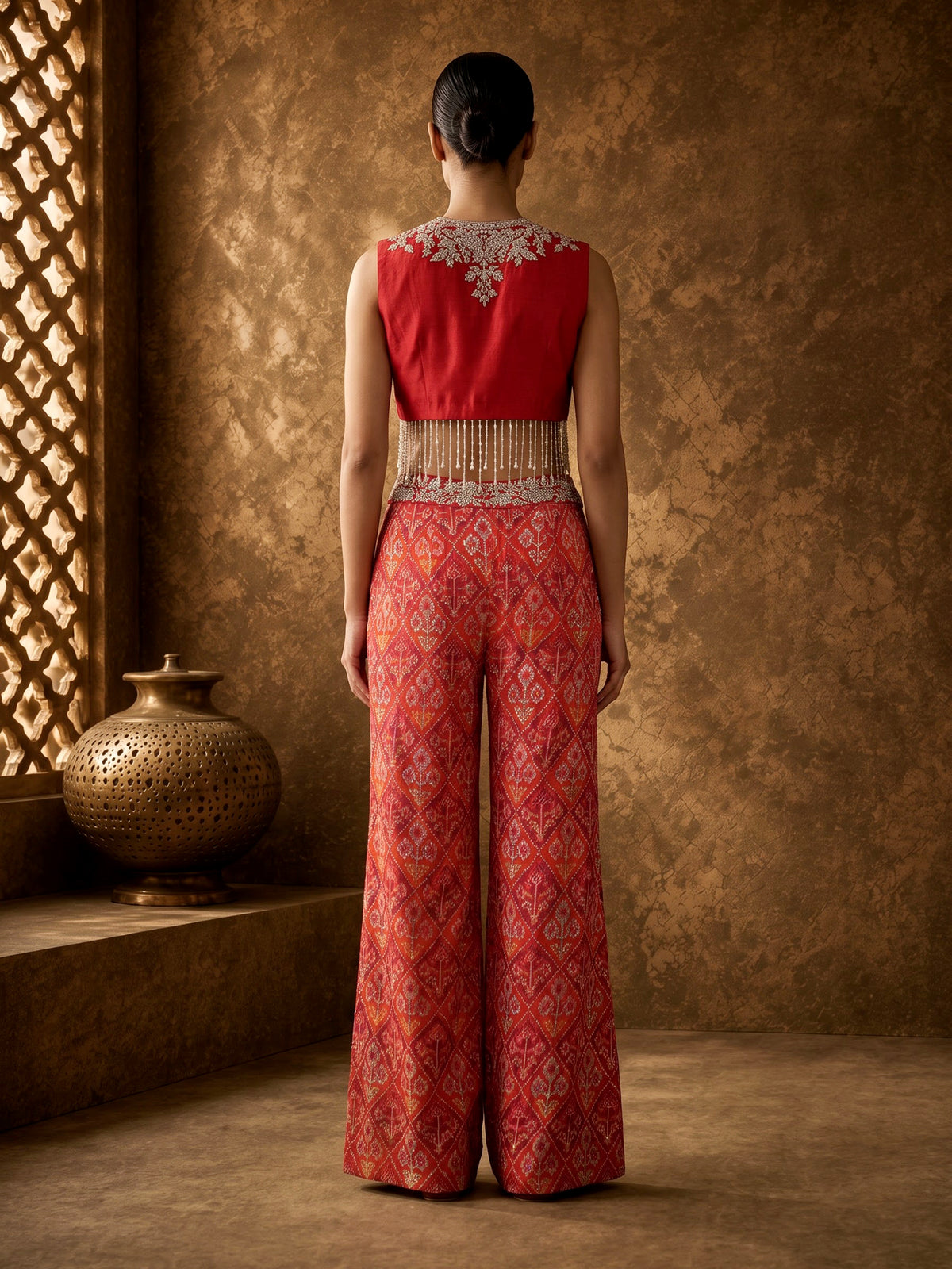 Orange crystal fringe sharara suit