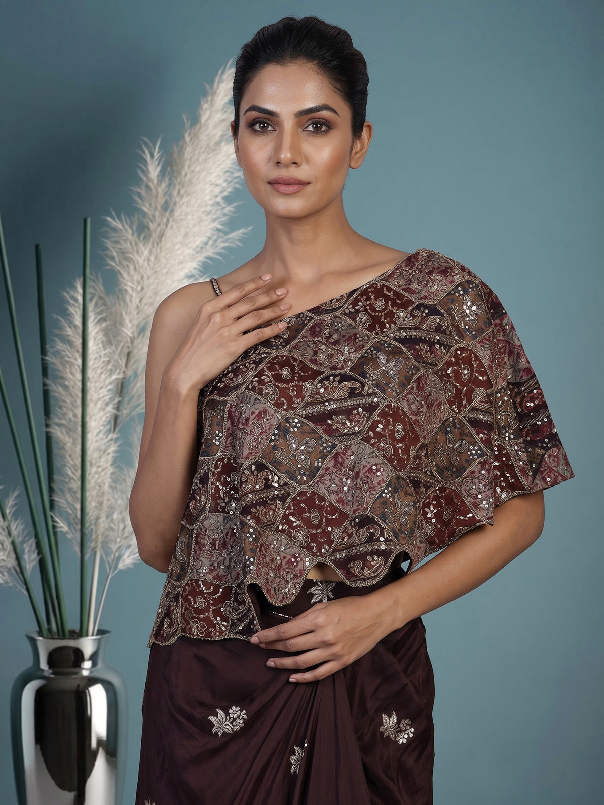 Brown couture indowestern pre-draped skirt