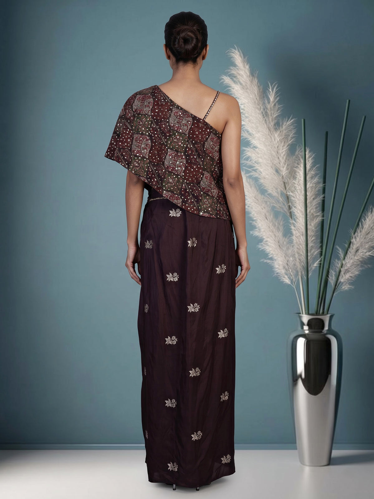 Brown couture indowestern pre-draped skirt