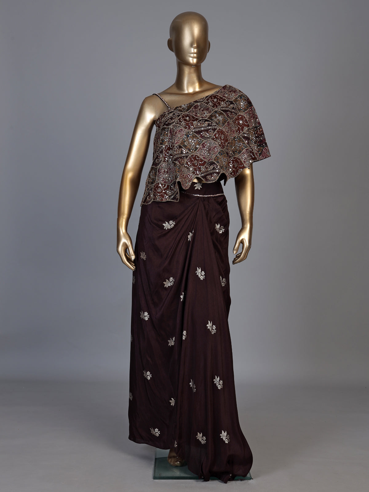 Brown couture indowestern pre-draped skirt