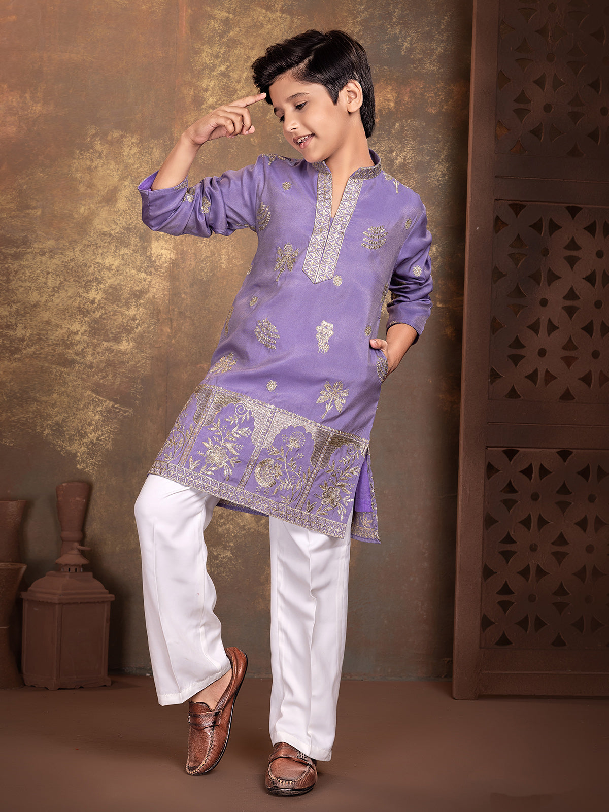 Lavender mughal arch boys kurta suit